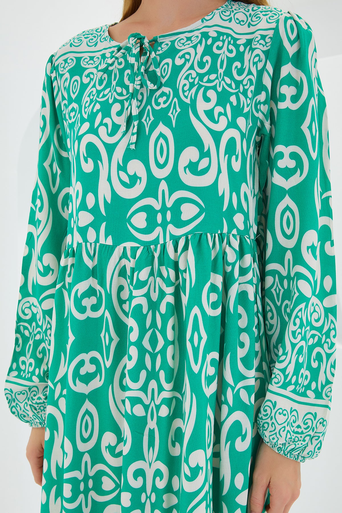 Bigdart Mönstrad Lång Viskos Klänning - Grön & Ecru