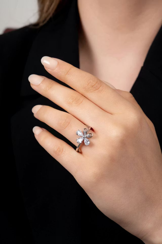 Flower Figured Silver Color Justerbar dam stålring