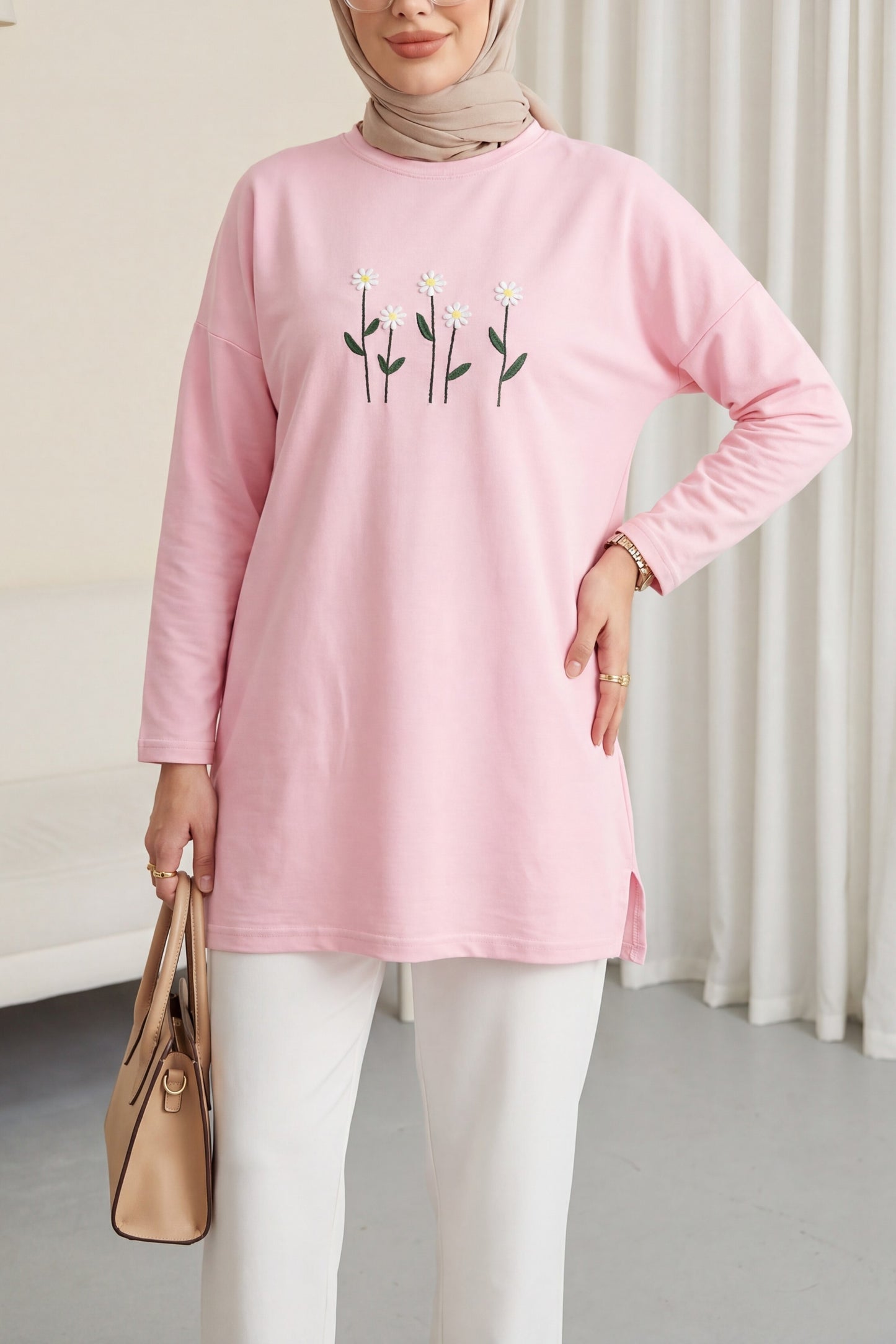 Tunika med broderad daisy-krage i bomull - Rosa
