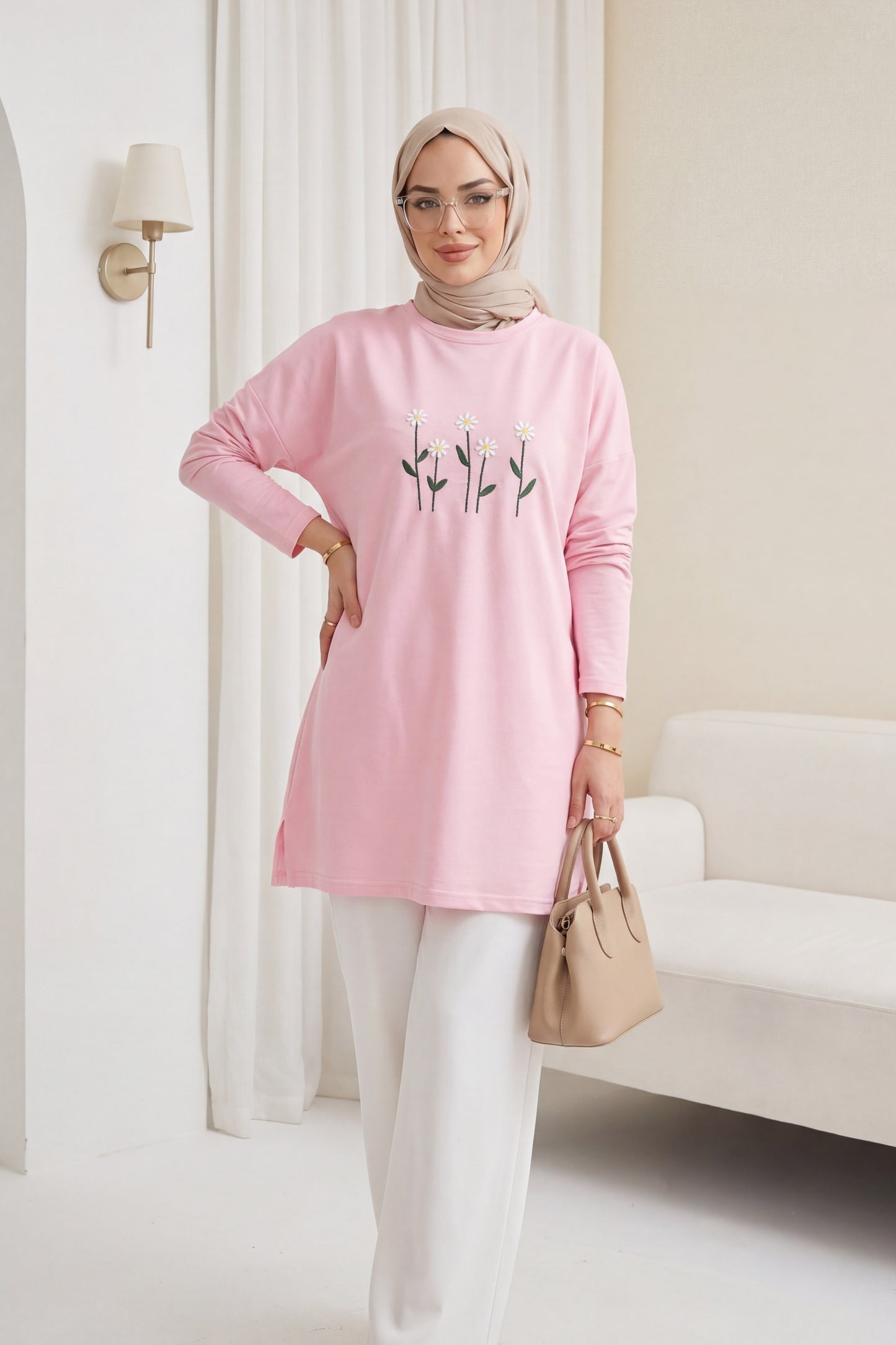 Tunika med broderad daisy-krage i bomull - Rosa