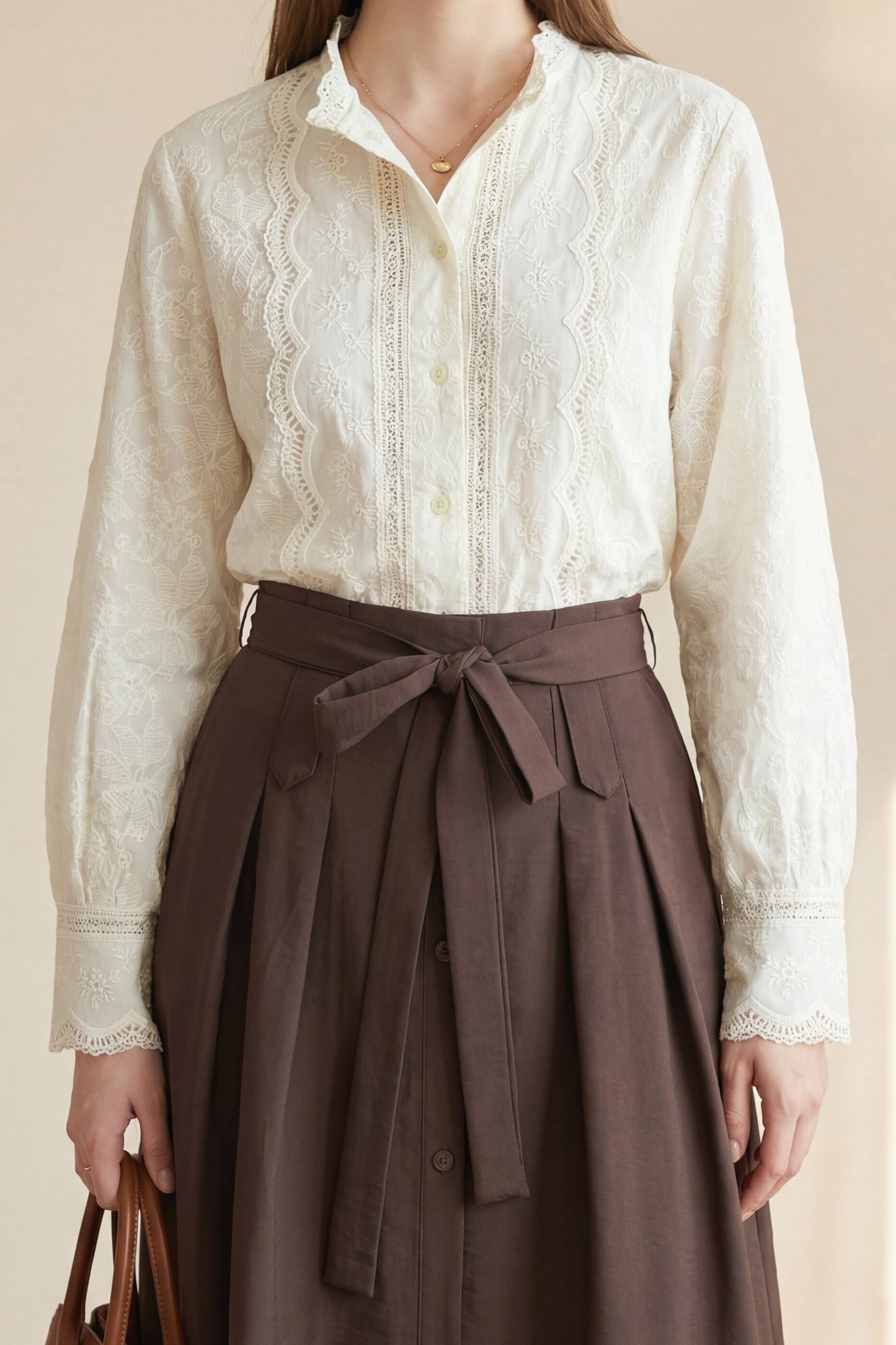 Broderad Vintage Skjortblus - Beige