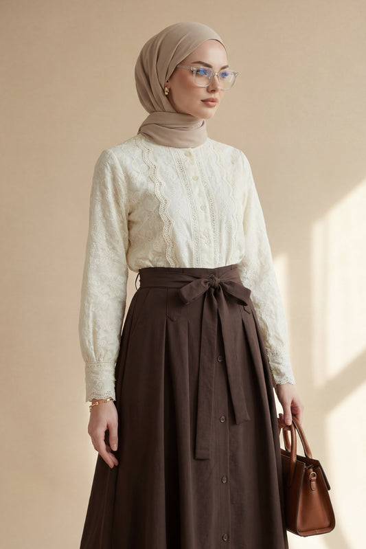 Broderad Vintage Skjortblus - Beige