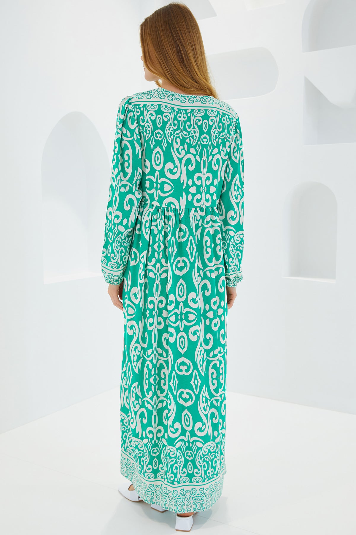 Bigdart Mönstrad Lång Viskos Klänning - Grön & Ecru