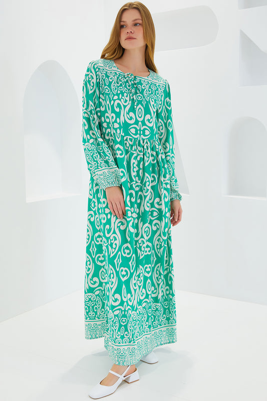 Bigdart Mönstrad Lång Viskos Klänning - Grön & Ecru