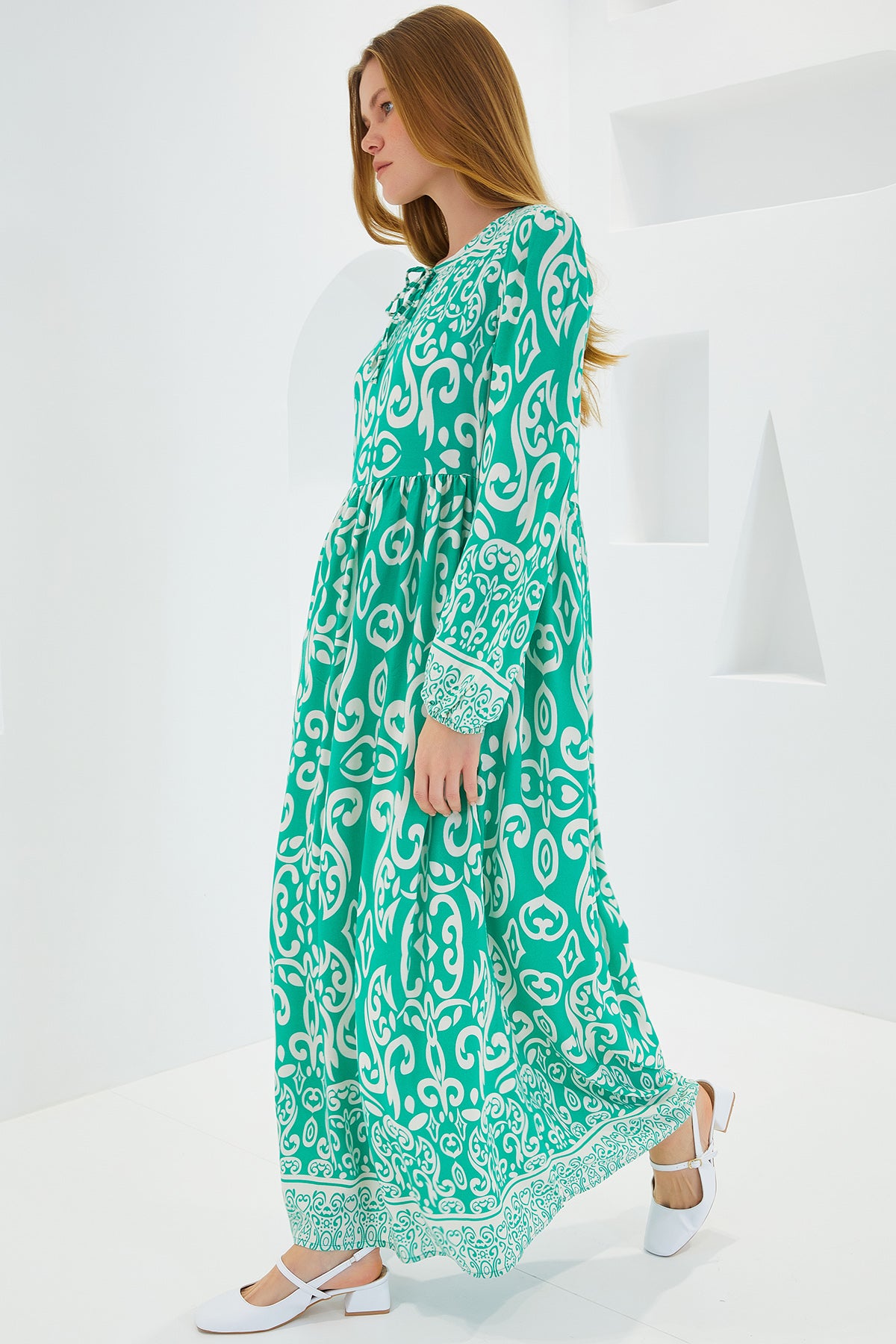 Bigdart Mönstrad Lång Viskos Klänning - Grön & Ecru