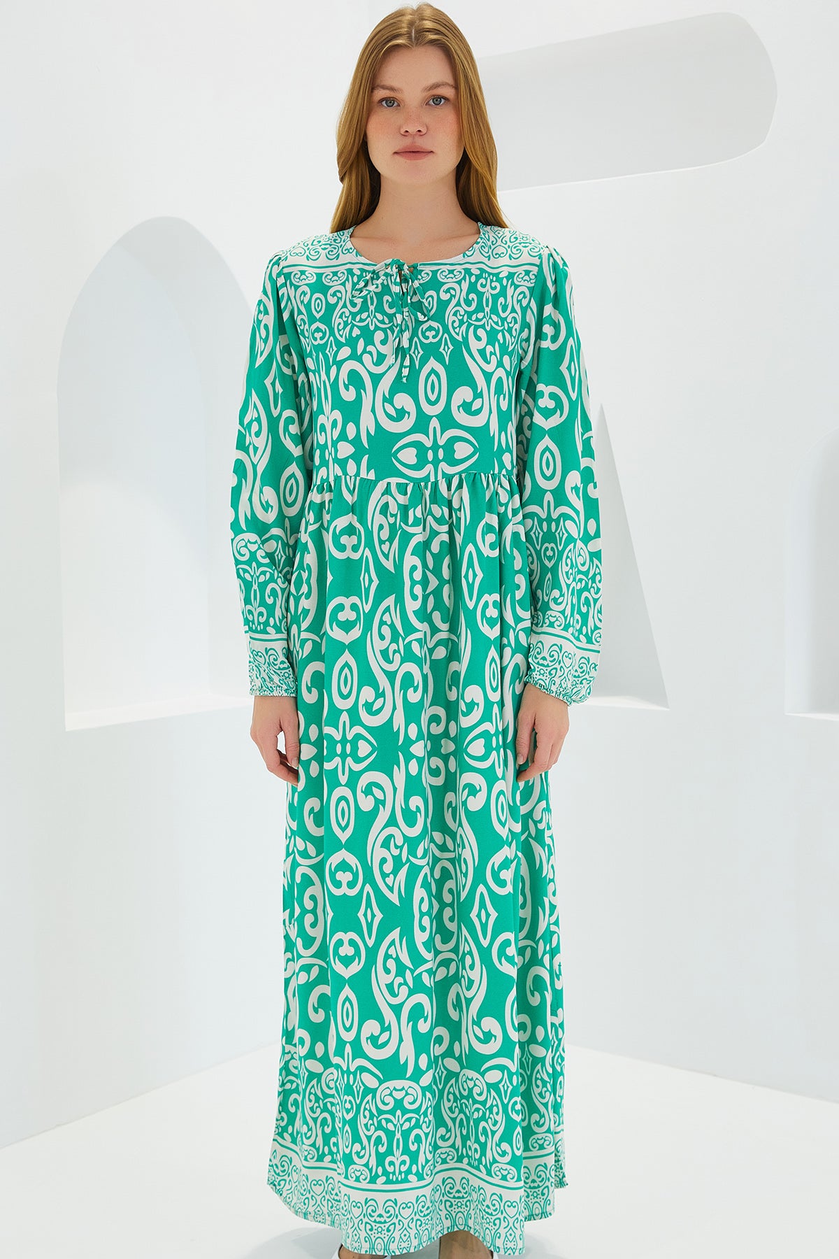 Bigdart Mönstrad Lång Viskos Klänning - Grön & Ecru