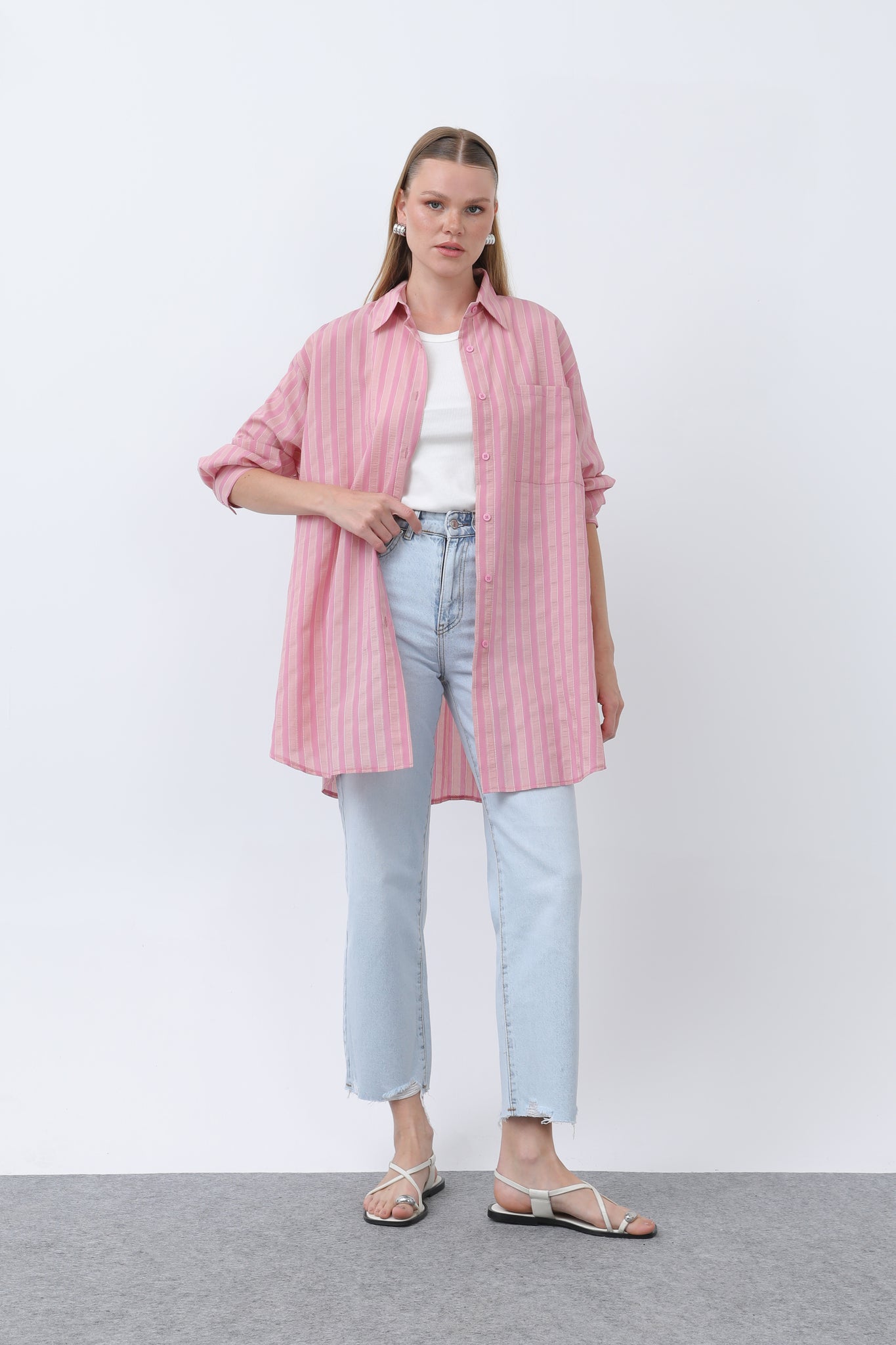 "Randig Tunik med Knappdetaljer - Rosa