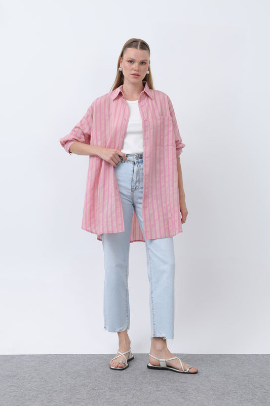 "Randig Tunik med Knappdetaljer - Rosa