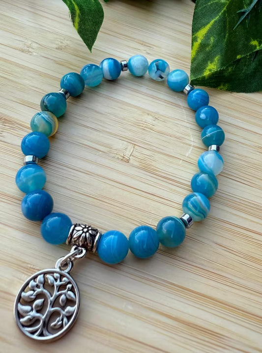 Blå agatstens armband med livets träd (8 mm)