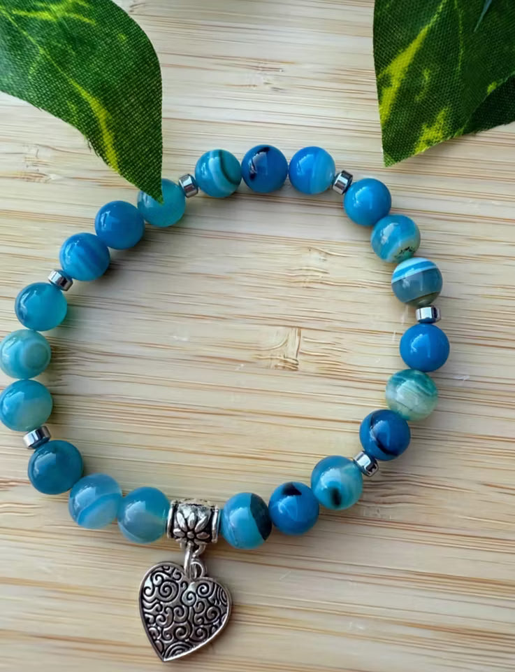 Blå agat armband med hjärta (8mm)