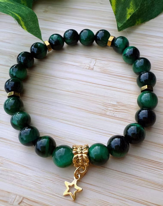 Grön tigerögastens armband med stjärna (8mm)