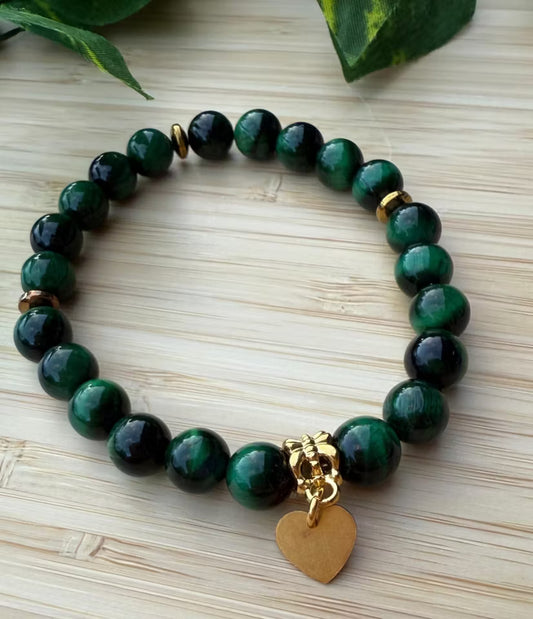 Grön tigerögastens armband med hjärta (8mm)