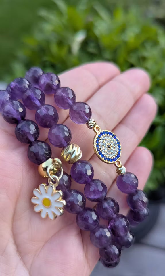 Lila ametists armband med prästkrage (8mm)