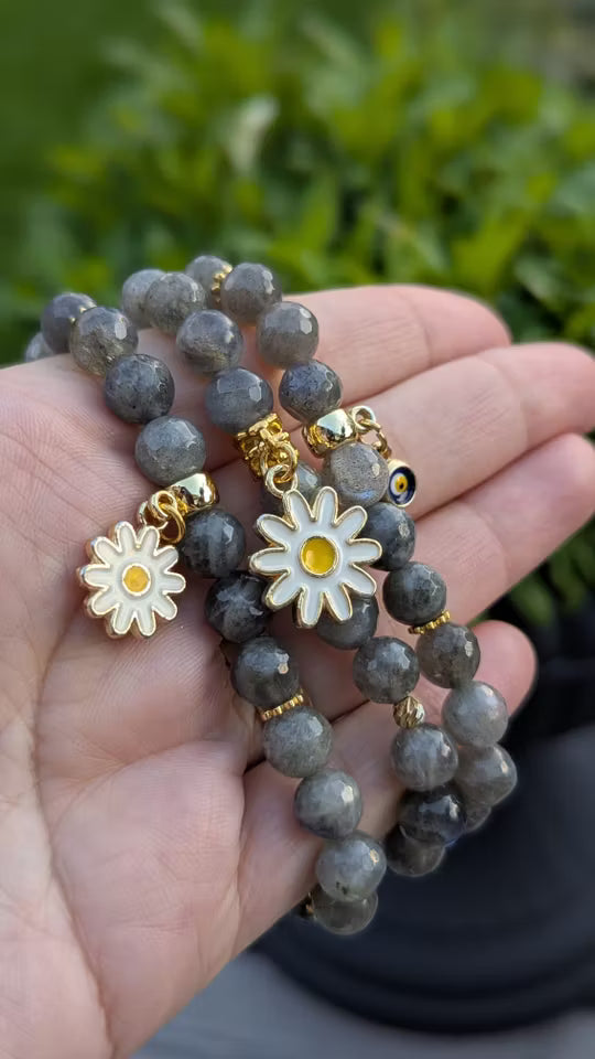 Grå labradorit stens armband med onda ögat pärla figur (8mm)