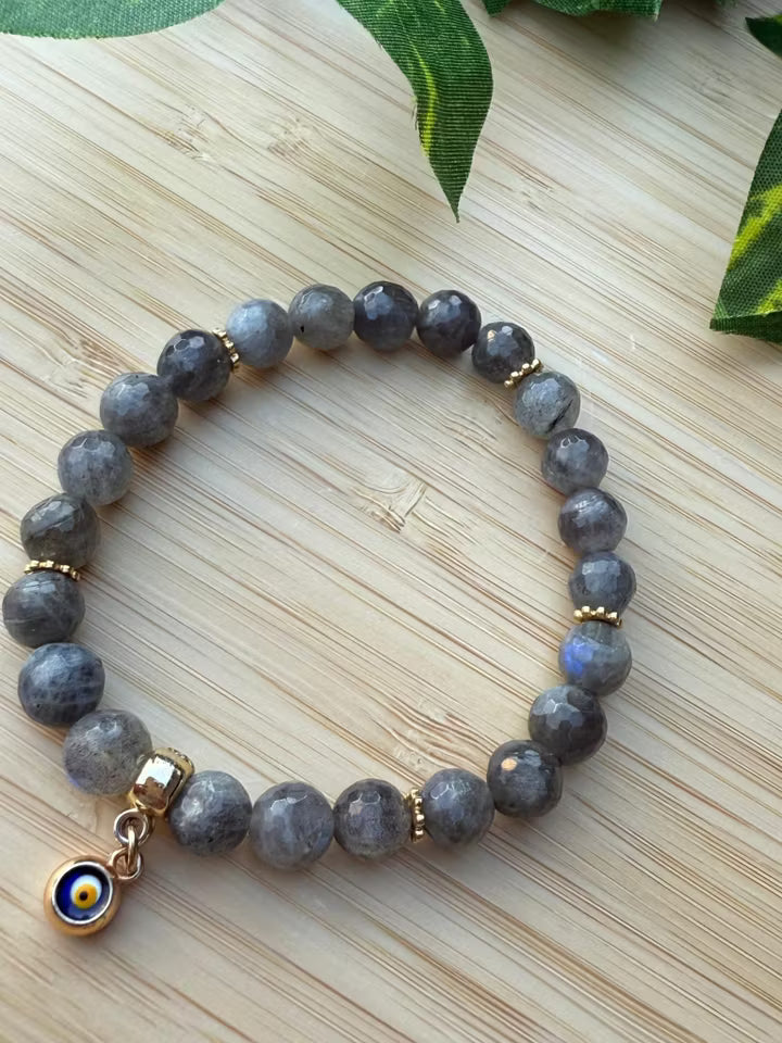 Grå labradorit stens armband med onda ögat pärla figur (8mm)