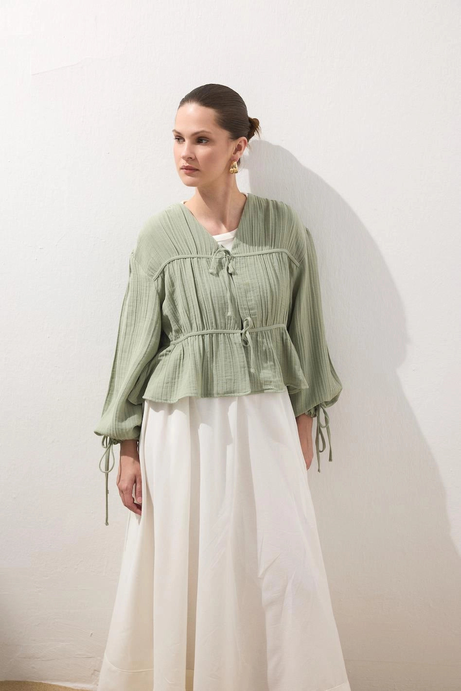 Muslinblus Mandelgrön