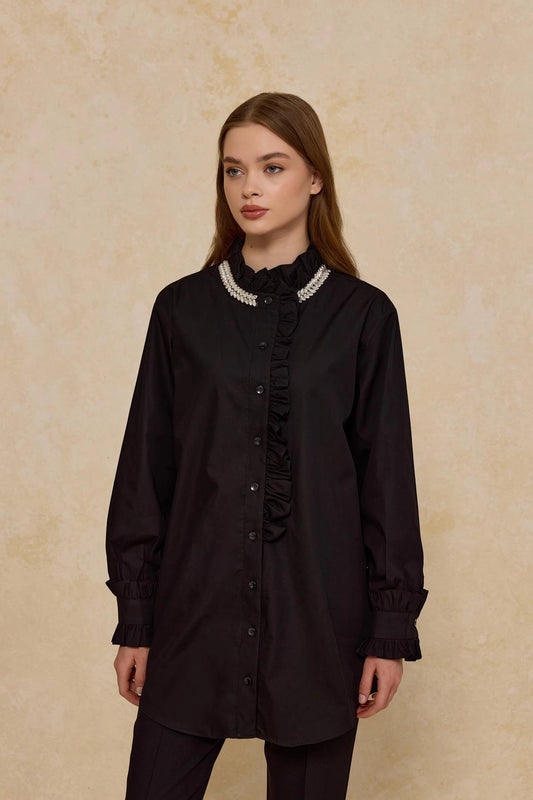 Stendetaljerad poplinskjorta svart