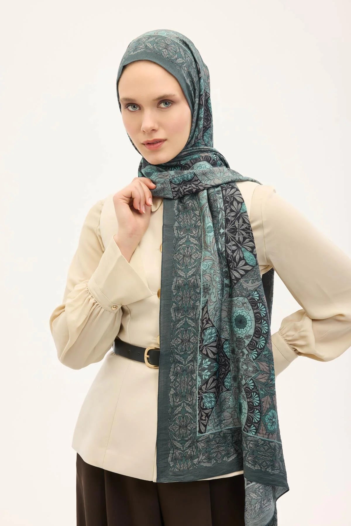 Urban Hours Floral Motif Desen Patina Yeşili Mayda Şal