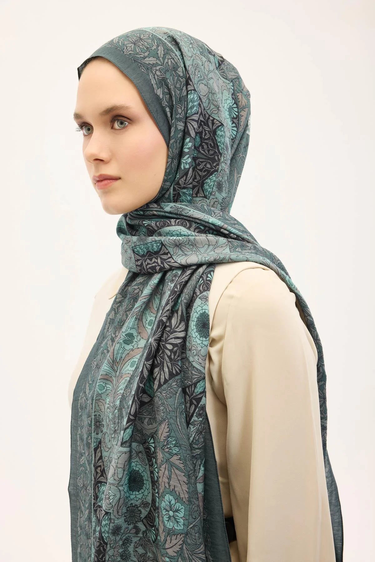 Urban Hours Floral Motif Desen Patina Yeşili Mayda Şal