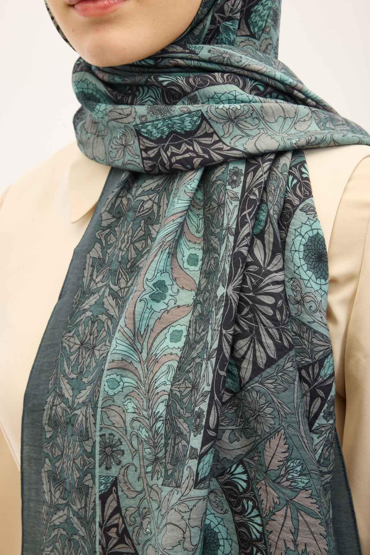 Urban Hours Floral Motif Desen Patina Yeşili Mayda Şal