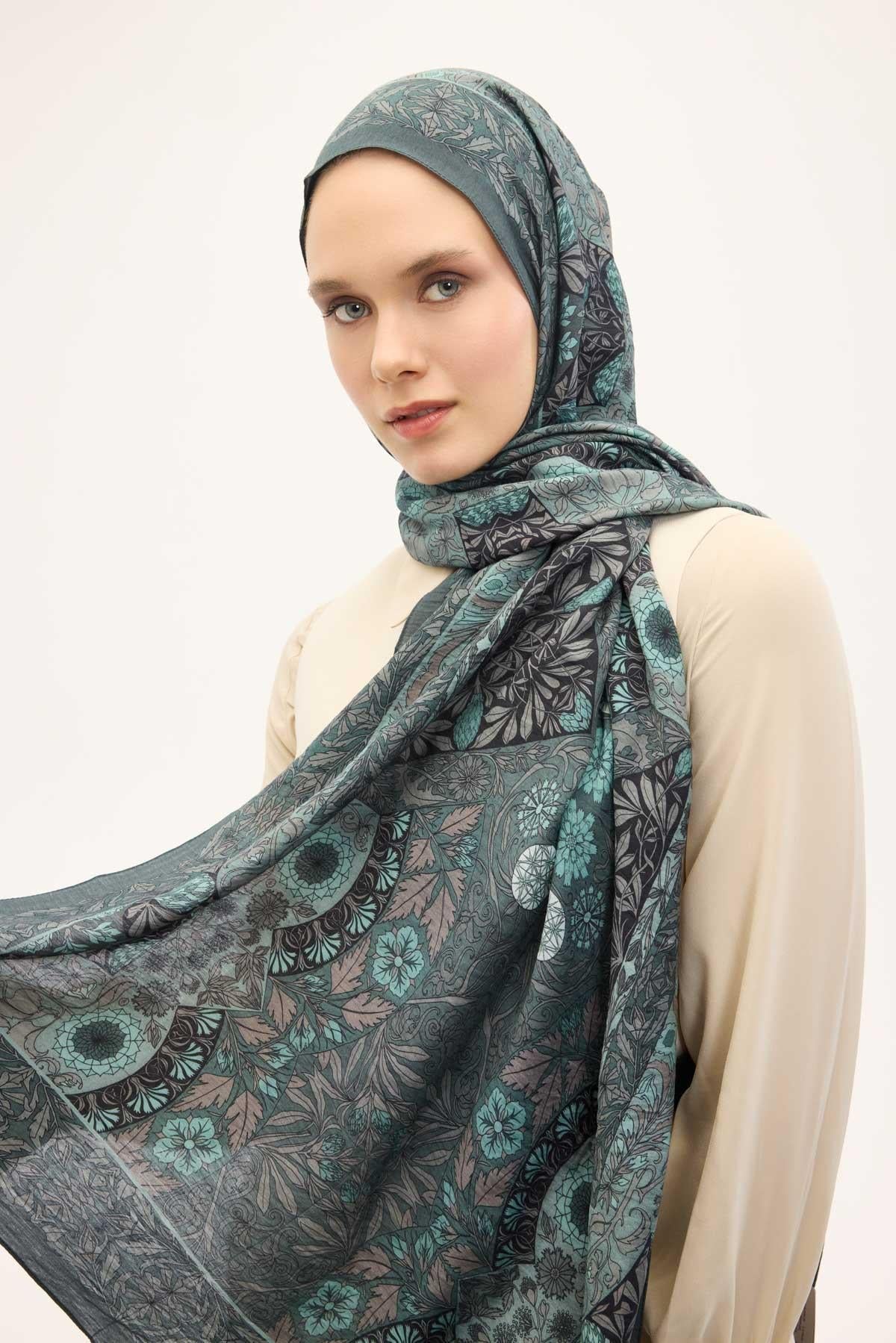 Urban Hours Floral Motif Desen Patina Yeşili Mayda Şal