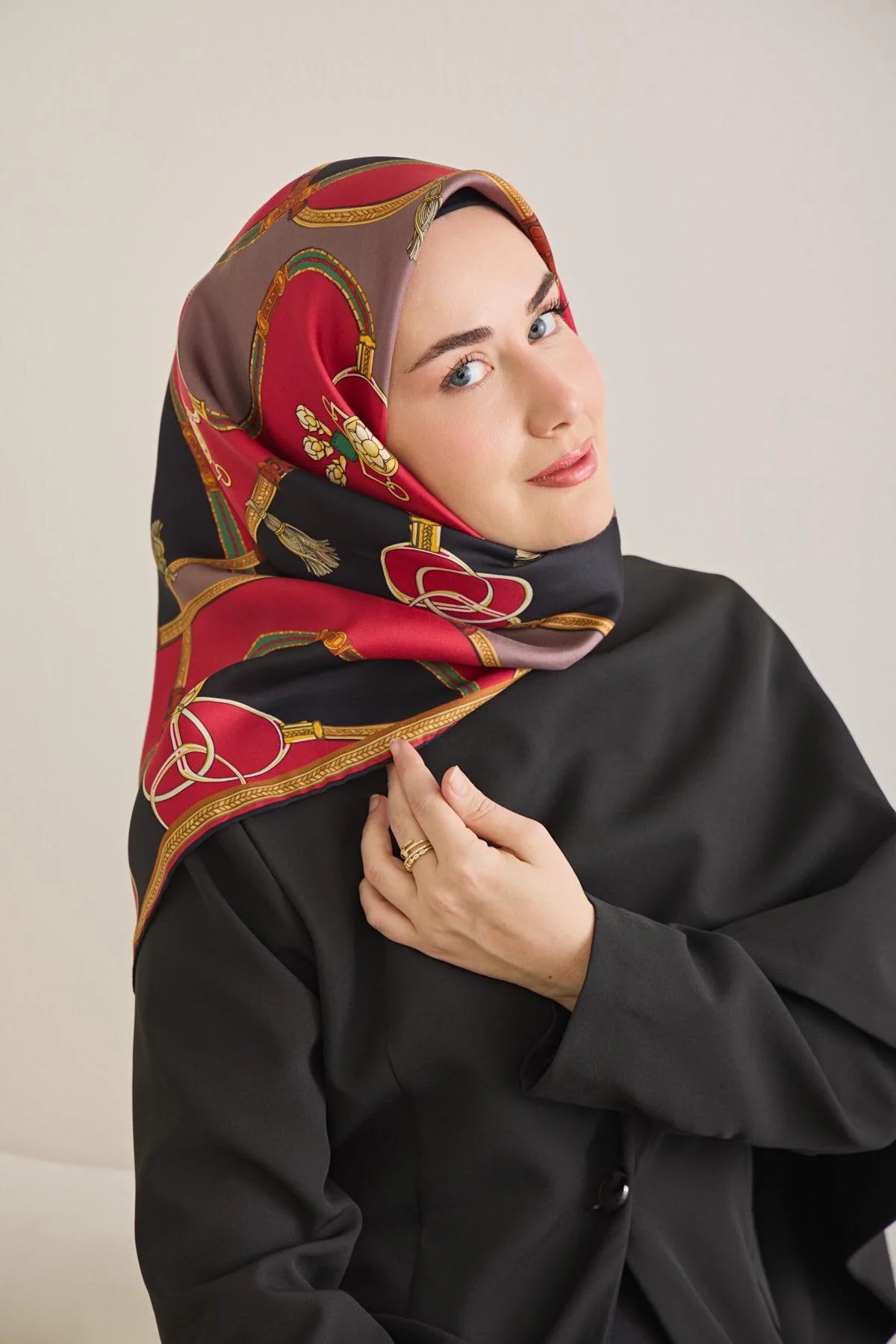 Twill İpek Eşarp Kemer Desen Siyah