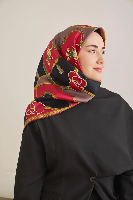 Twill İpek Eşarp Kemer Desen Siyah