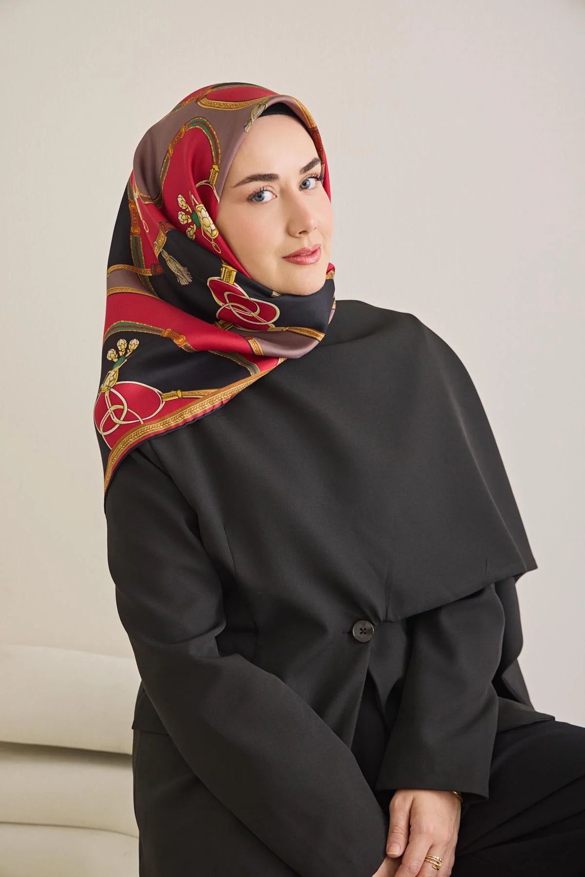 Twill İpek Eşarp Kemer Desen Siyah