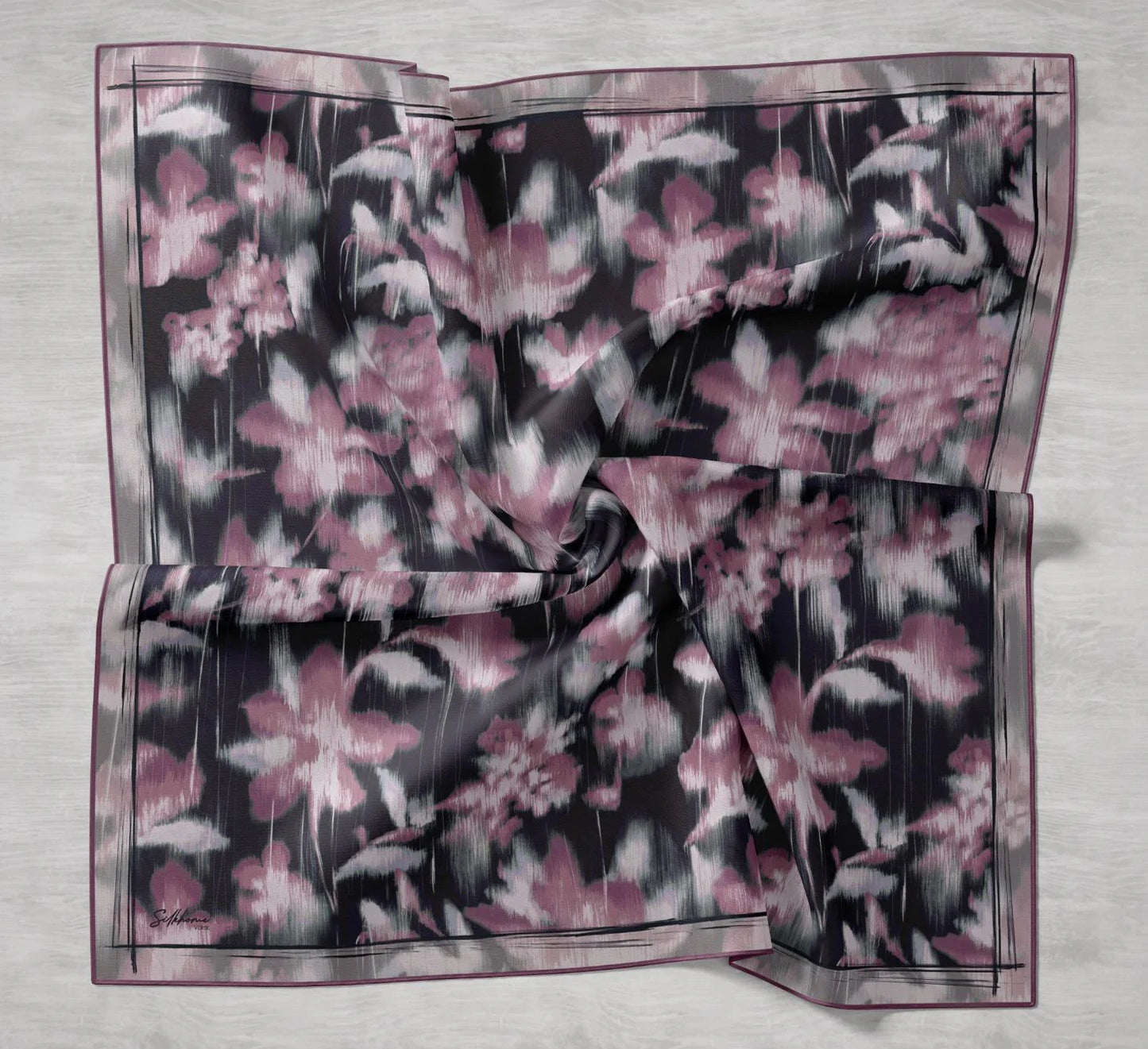 Twill İpek Eşarp Soyut Çiçek Desen Siyah 90x90
