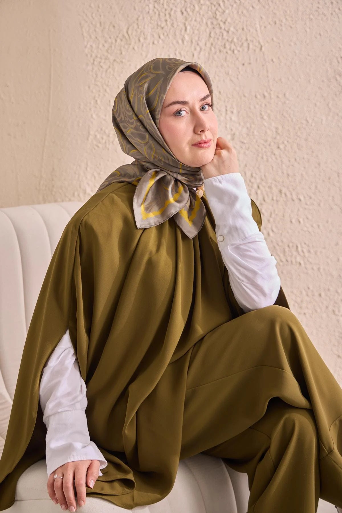 Twill İpek Eşarp Line Yeşil Gri