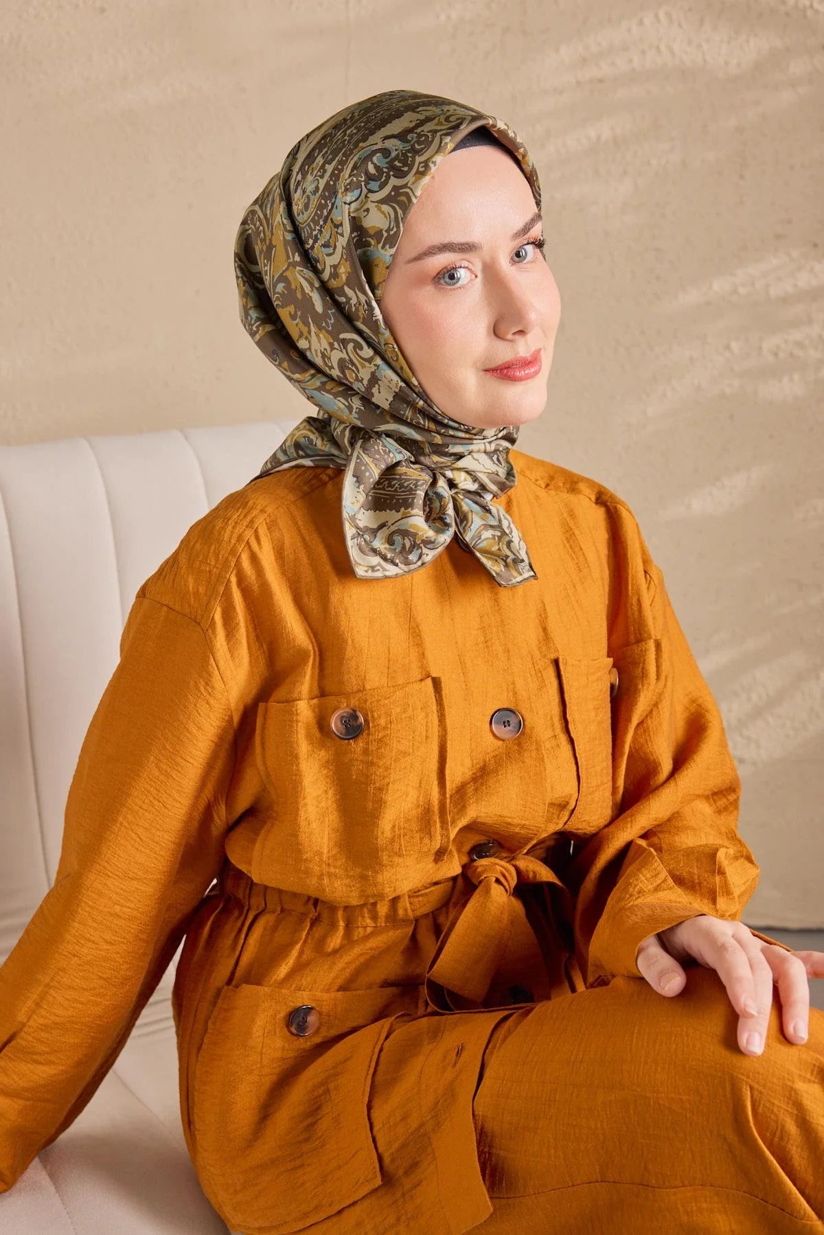 Twill İpek Eşarp Royale Şal Desen Kahve Yeşil